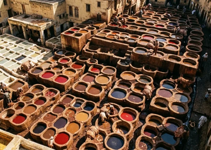 Curtidores de Chouara en la medina de Fez con sus tinajas de tintes naturales, Patrimonio de la Humanidad
