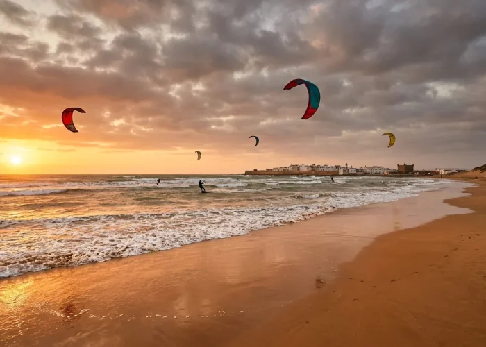 Playa atlántica de Essaouira con kitesurfers y vientos alisios al atardecer