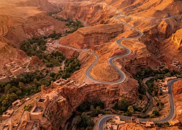 Carretera serpenteante del valle del Dades entre kasbahs de tierra roja al atardecer