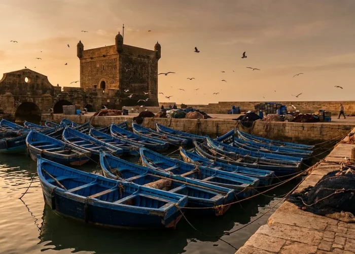 Barcas de pesca azul cobalto en el puerto de Essaouira al atardecer
