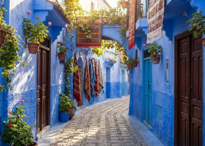 Callejón azul de Chefchaouen con plantas y alfombras tradicionales, ciudad azul del Rif